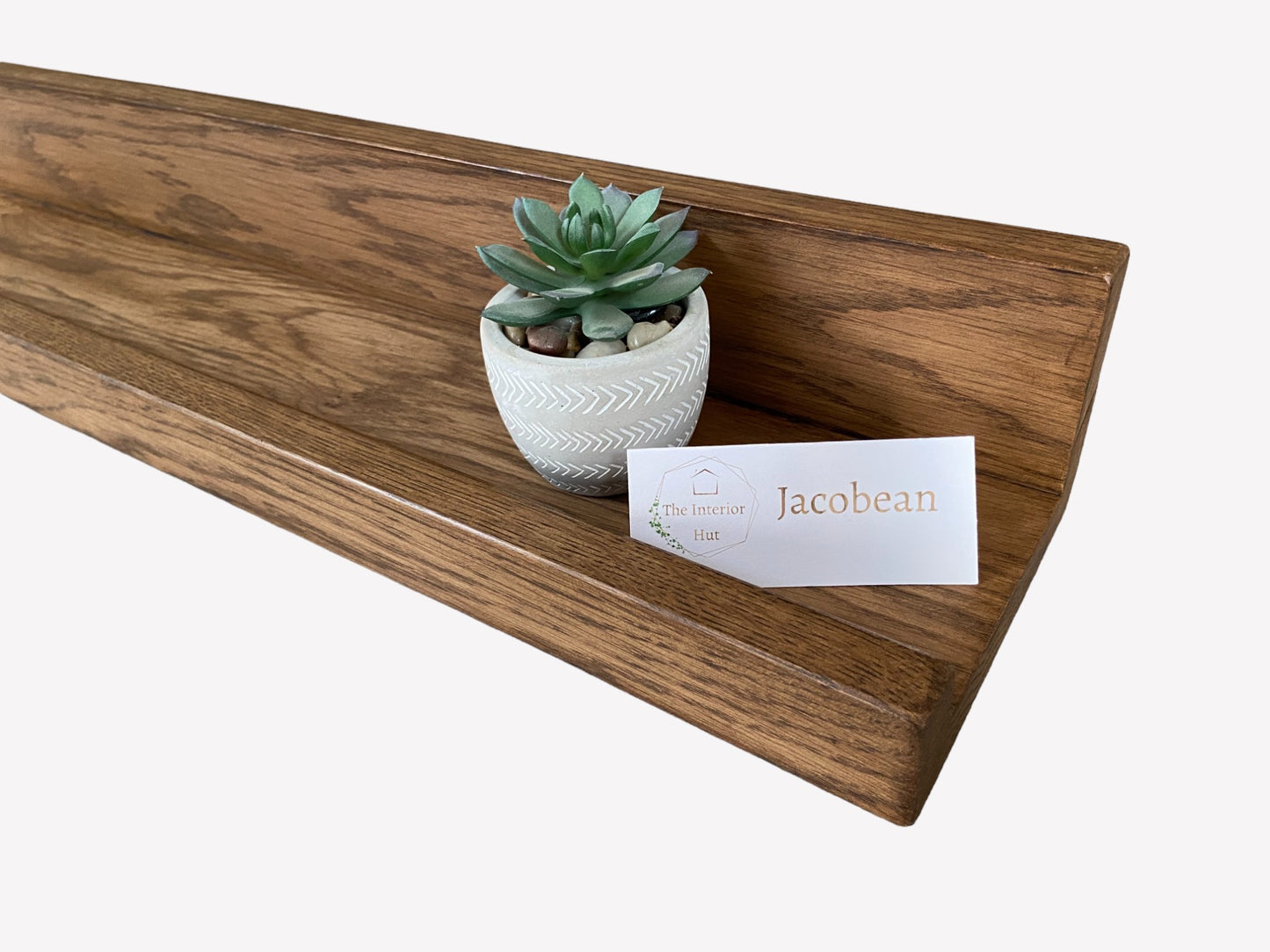 Handmade oak picture shelf with a smooth Jacobean wax finish