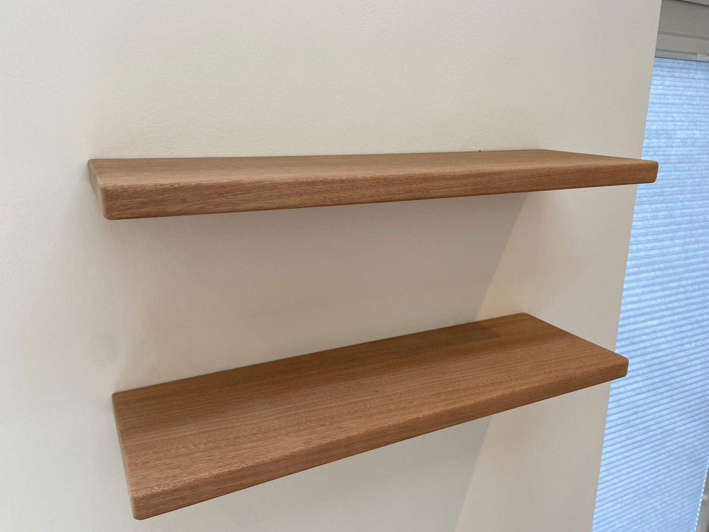 Slim Sapele Floating Shelf - Smooth Finish 15cm Deep x 2cm Thick For Plasterboard Stud Walls