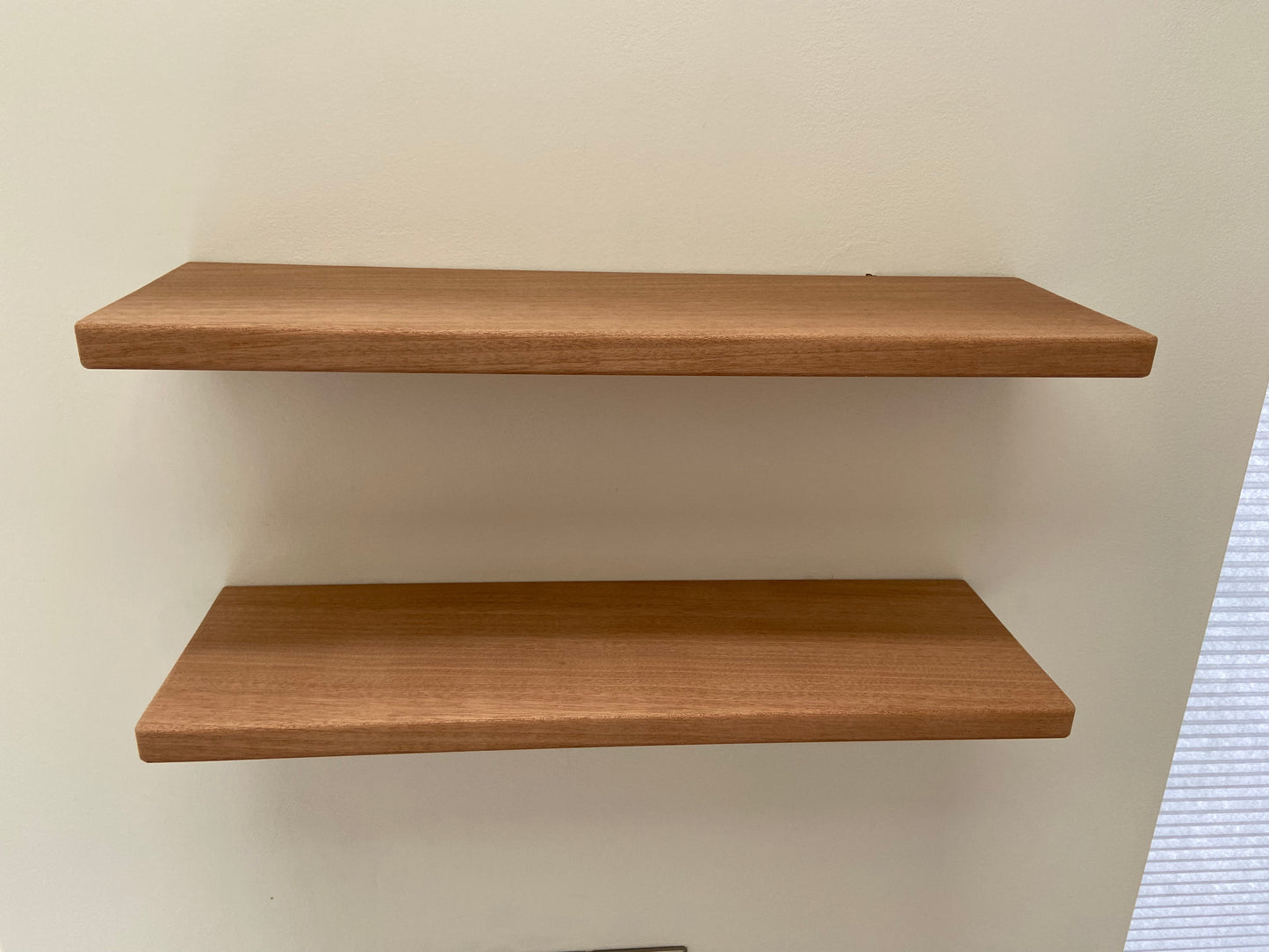 Slim Sapele Floating Shelf - Smooth Finish 15cm Deep x 2cm Thick For Plasterboard Stud Walls
