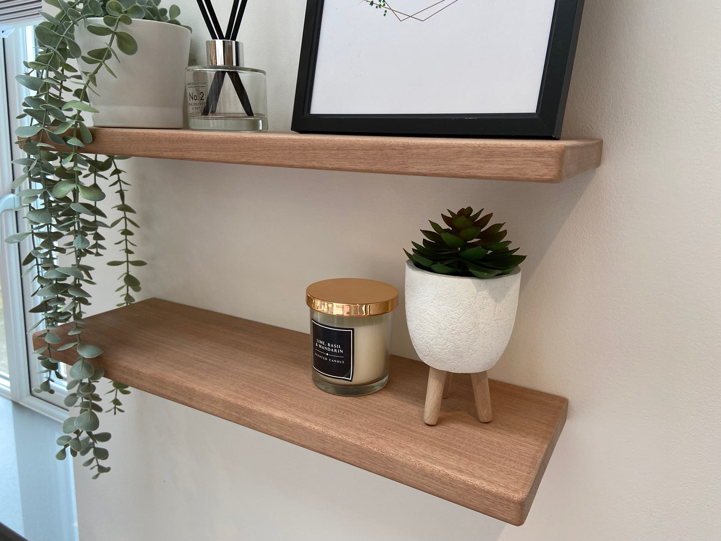 Slim Sapele Floating Shelf - Smooth Finish 15cm Deep x 2cm Thick For Plasterboard Stud Walls
