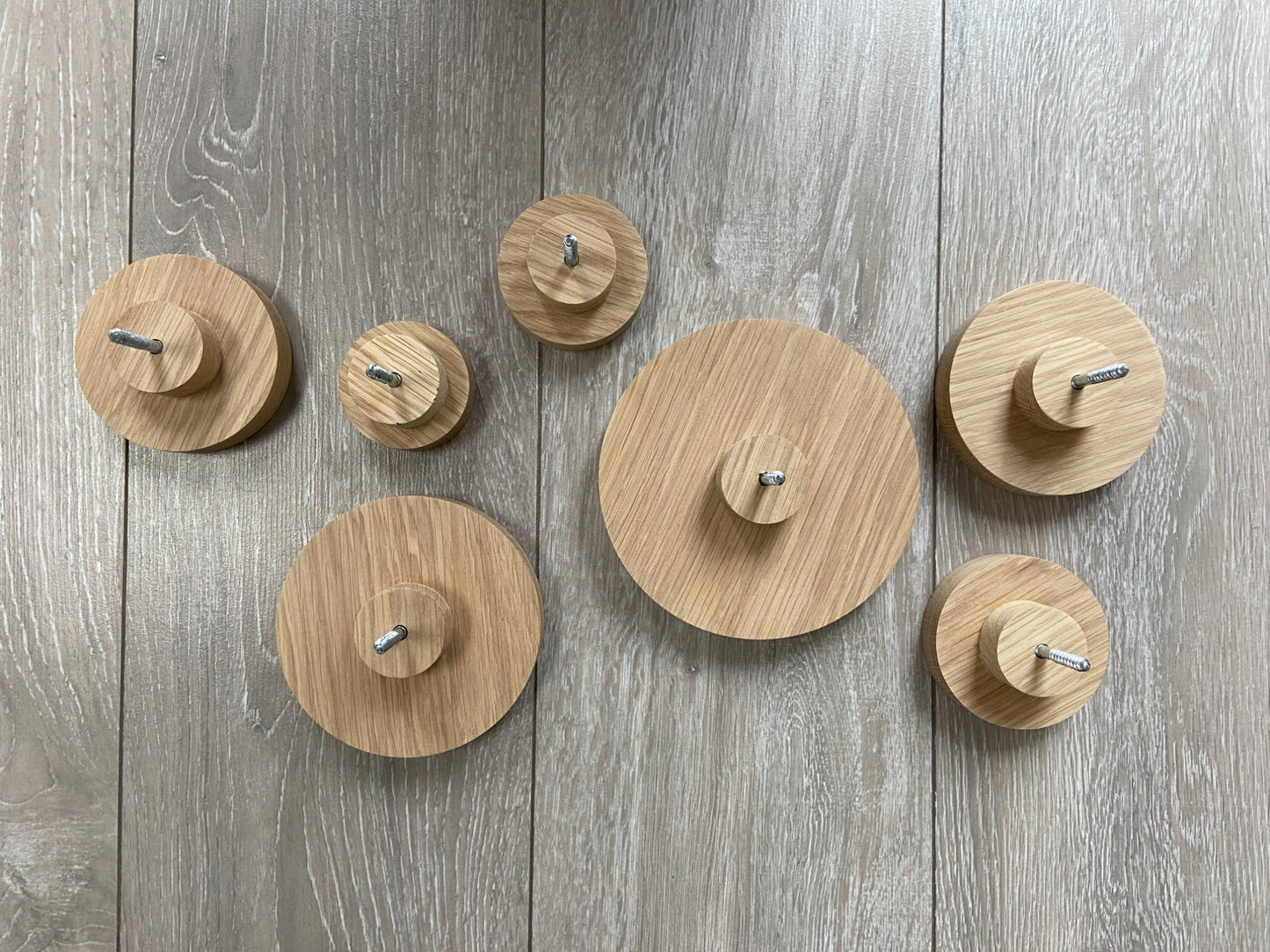 Pair of Round oak hooks / Circle coat pegs / Decorative wall hanger / Deep