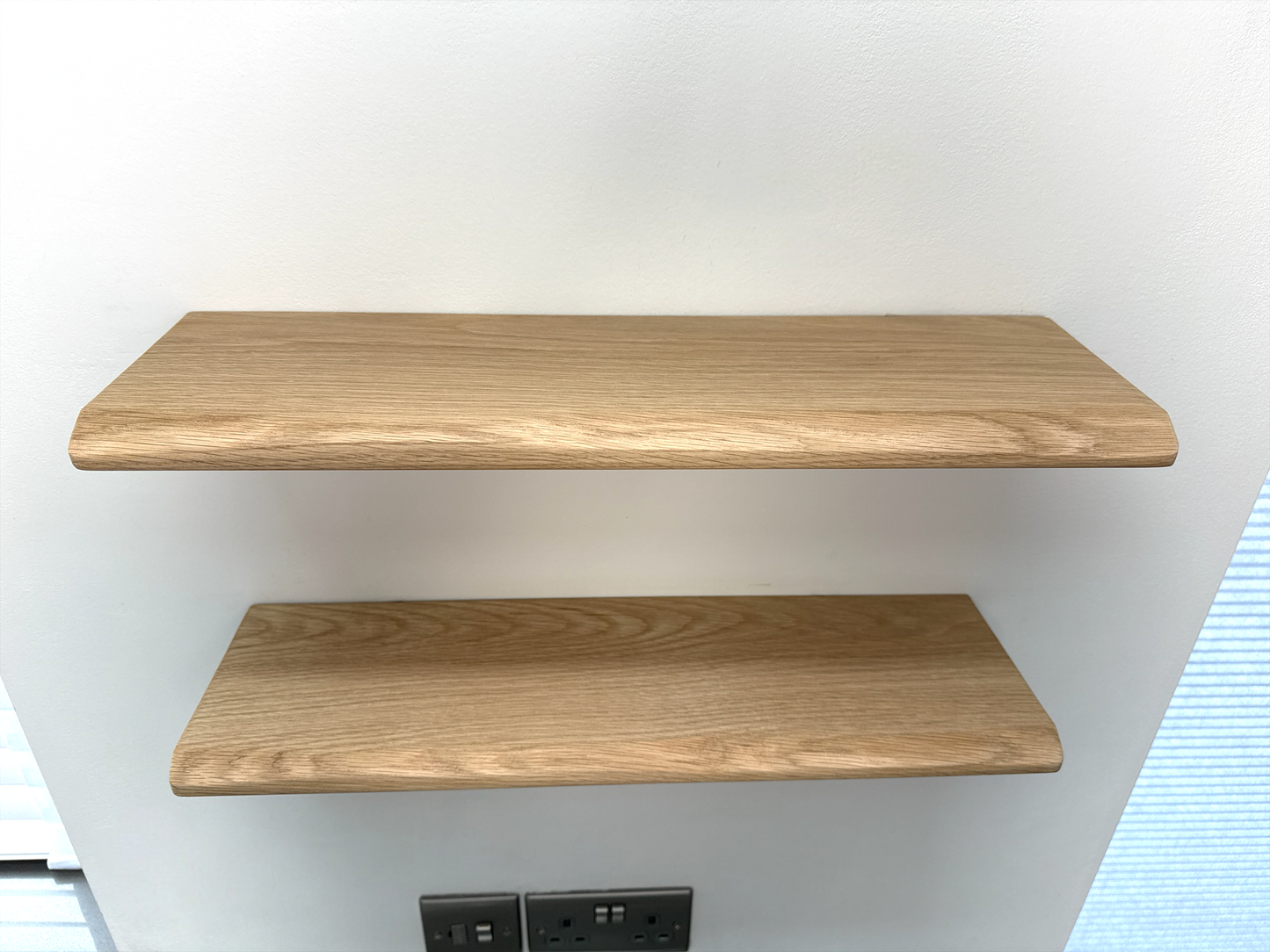 Live Edge Floating Shelf In Solid Oak - 15cm Deep x 2.2cm Thick for masonry walls