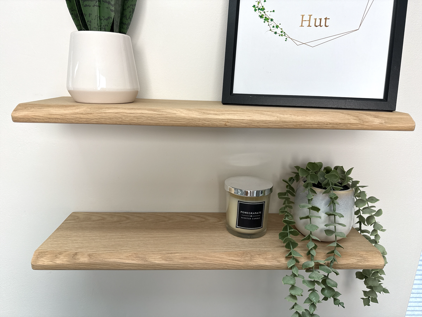 Live Edge Floating Shelf In Solid Oak - 15cm Deep x 2.2cm Thick for masonry walls