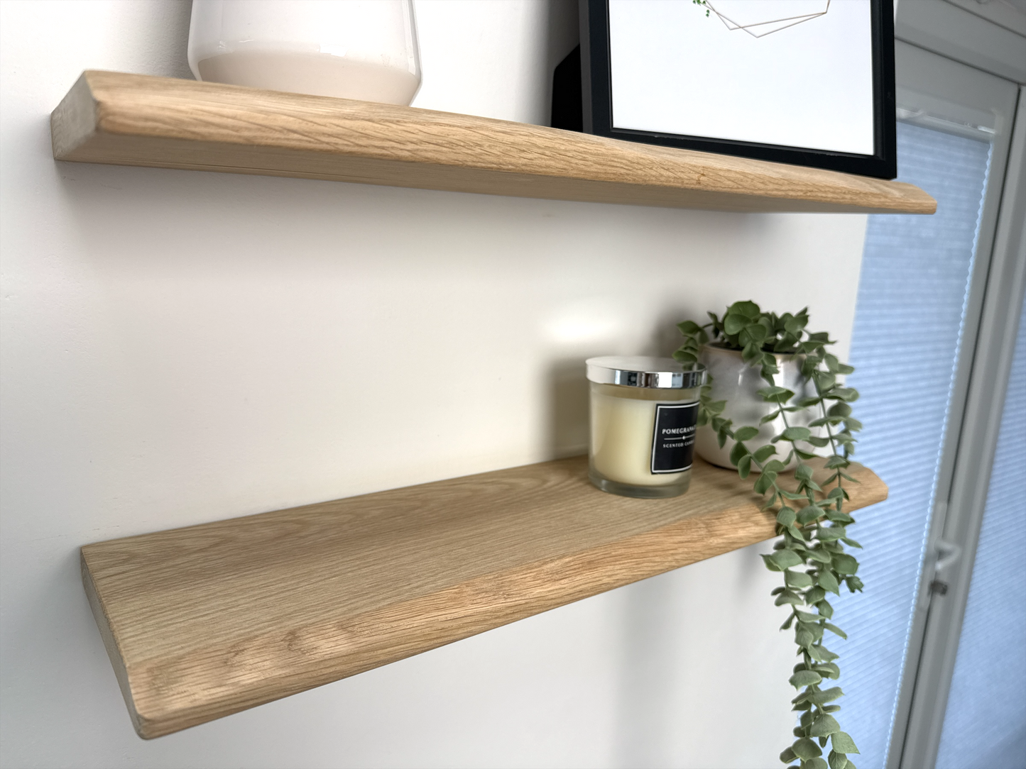 Live Edge Floating Shelf In Solid Oak - 15cm Deep x 2.2cm Thick for masonry walls