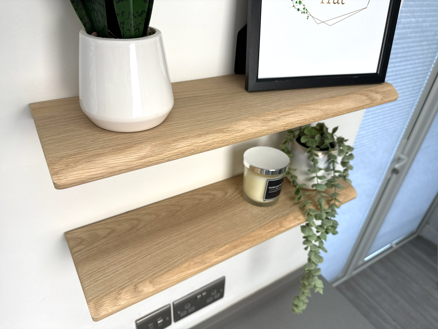 Live Edge Floating Shelf In Solid Oak - 15cm Deep x 2.2cm Thick for masonry walls