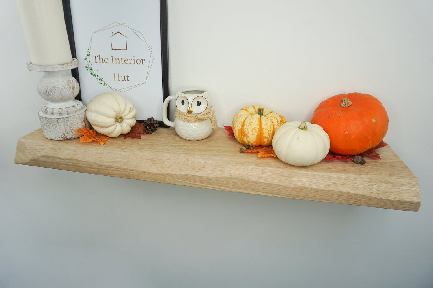 Solid Oak Floating Shelf With a Live / Waney Edge - Chunky 20cm Deep x 4.5cm Thick (8"x2") for masonry walls - The Interior Hut