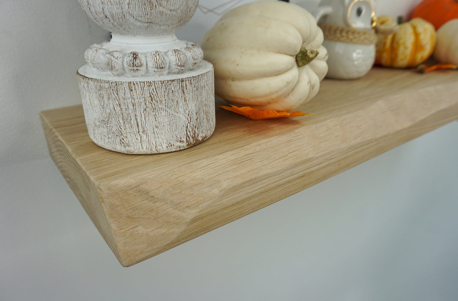 Solid Oak Floating Shelf With a Live / Waney Edge - Chunky 20cm Deep x 4.5cm Thick (8"x2") for masonry walls - The Interior Hut