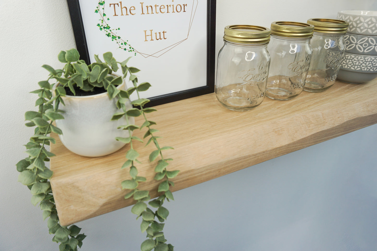 Solid Oak Floating Shelf With a Live / Waney Edge - Chunky 20cm Deep x 4.5cm Thick (8"x2") for masonry walls - The Interior Hut