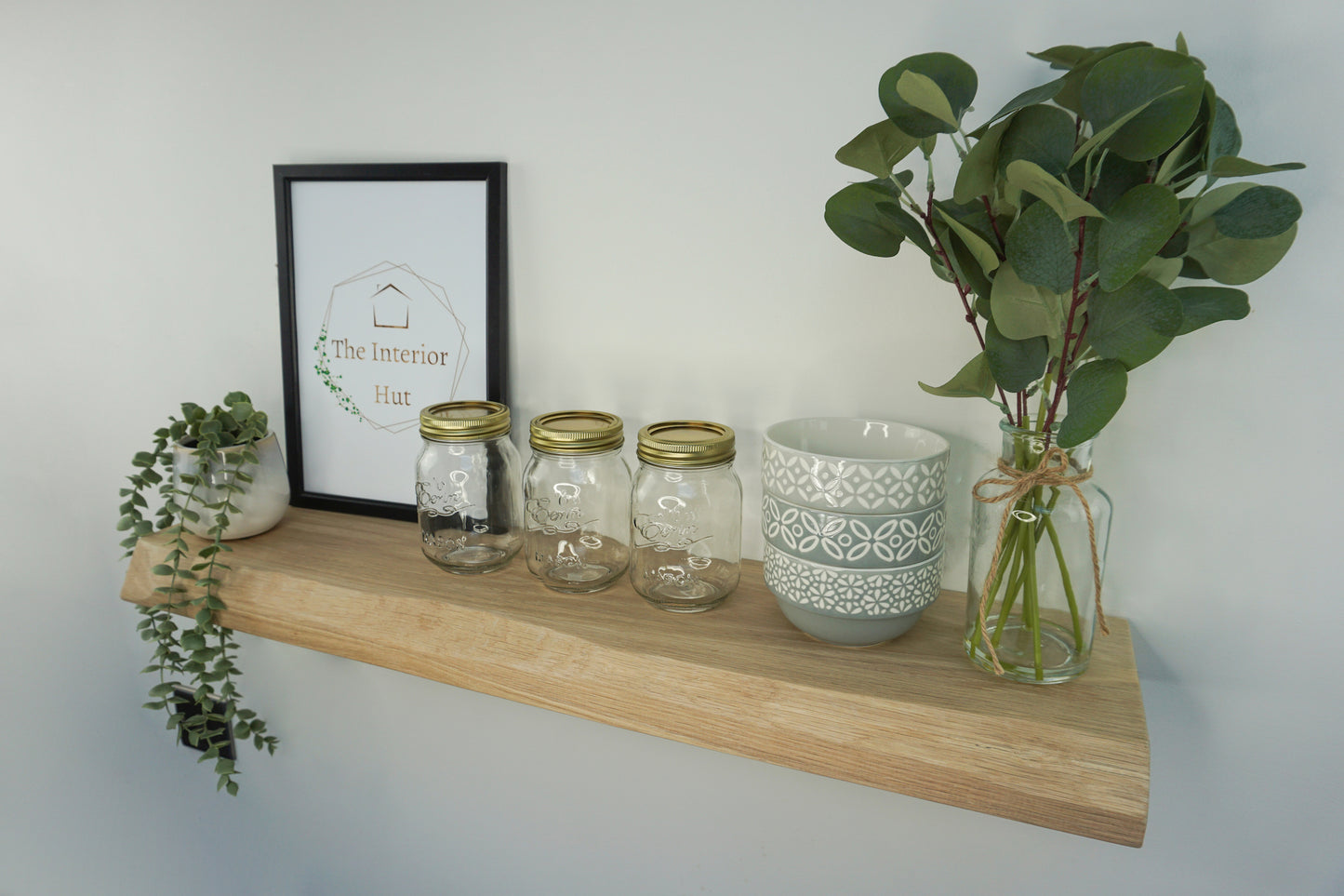 Solid Oak Floating Shelf With a Live / Waney Edge - Chunky 20cm Deep x 4.5cm Thick (8"x2") for masonry walls - The Interior Hut