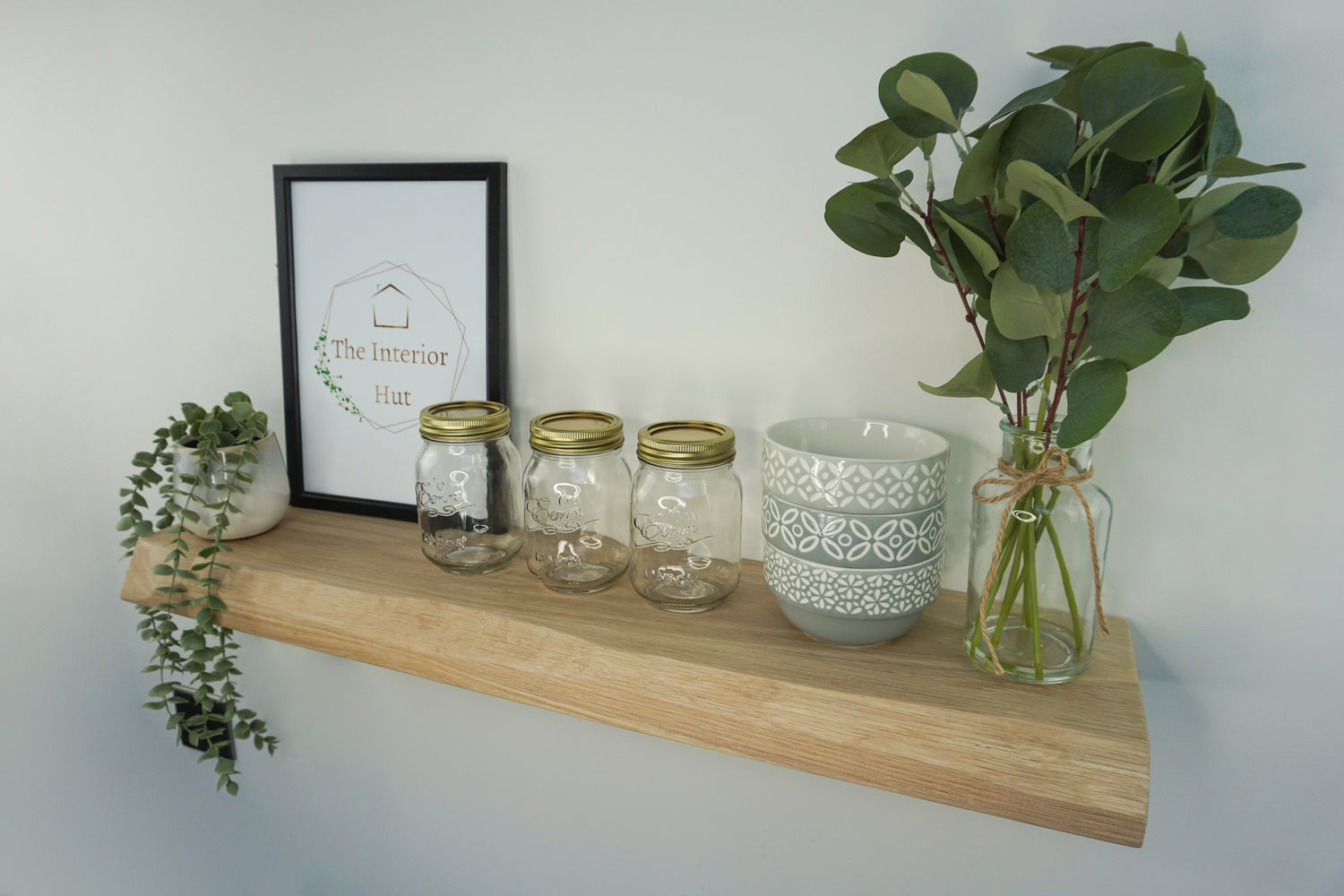 Solid Oak Floating Shelf With a Live / Waney Edge - Chunky 20cm Deep x 4.5cm Thick (8"x2") for masonry walls - The Interior Hut