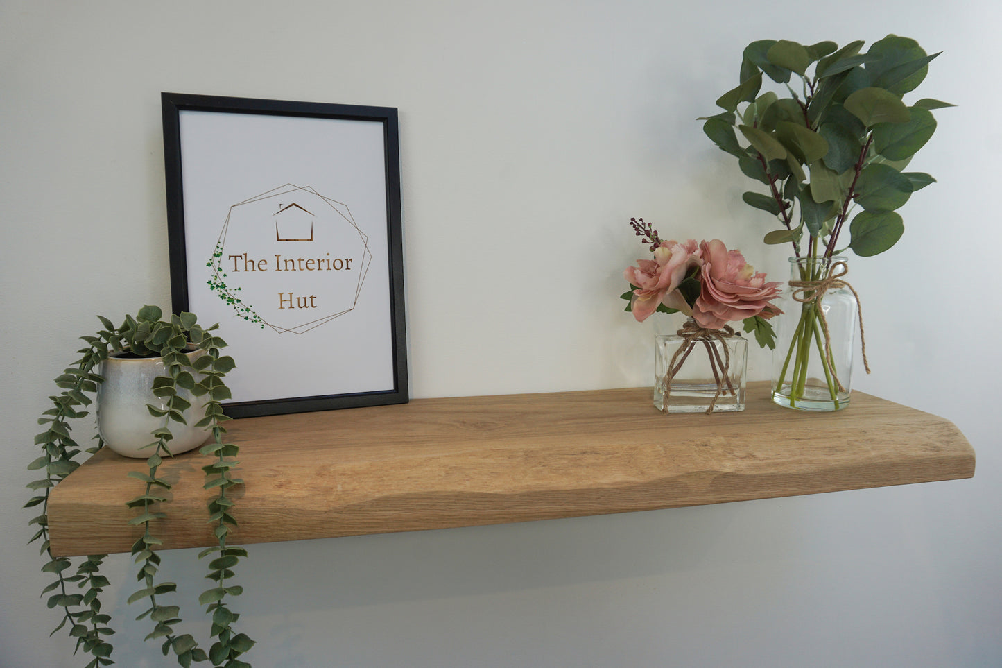 Live Edge Floating Shelf In Chunky Solid Oak - Smooth Finish 24cm Deep x 4.5cm Thick for masonry walls - The Interior Hut