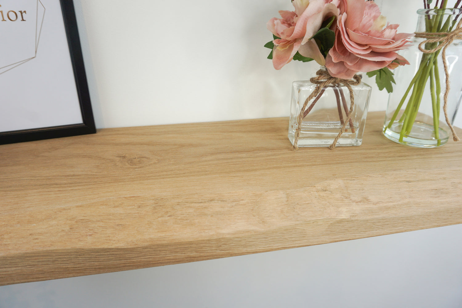 Live Edge Floating Shelf In Chunky Solid Oak - Smooth Finish 24cm Deep x 4.5cm Thick for masonry walls - The Interior Hut