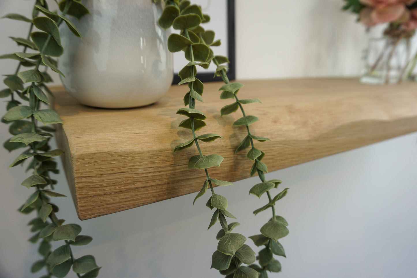 Live Edge Floating Shelf In Chunky Solid Oak - Smooth Finish 24cm Deep x 4.5cm Thick for masonry walls - The Interior Hut