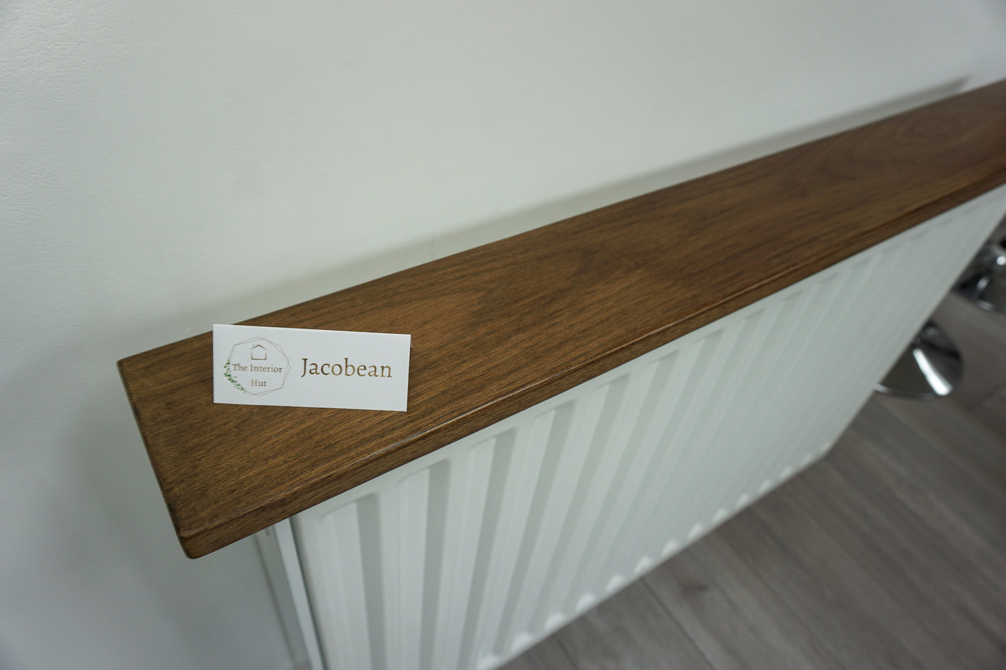 Oak Floating Shelf - 12cm Deep x slim 2.2cm Thick - Smooth Finish - For masonry walls, shown in a Jacobean wax finish over a radiator The Interior Hut