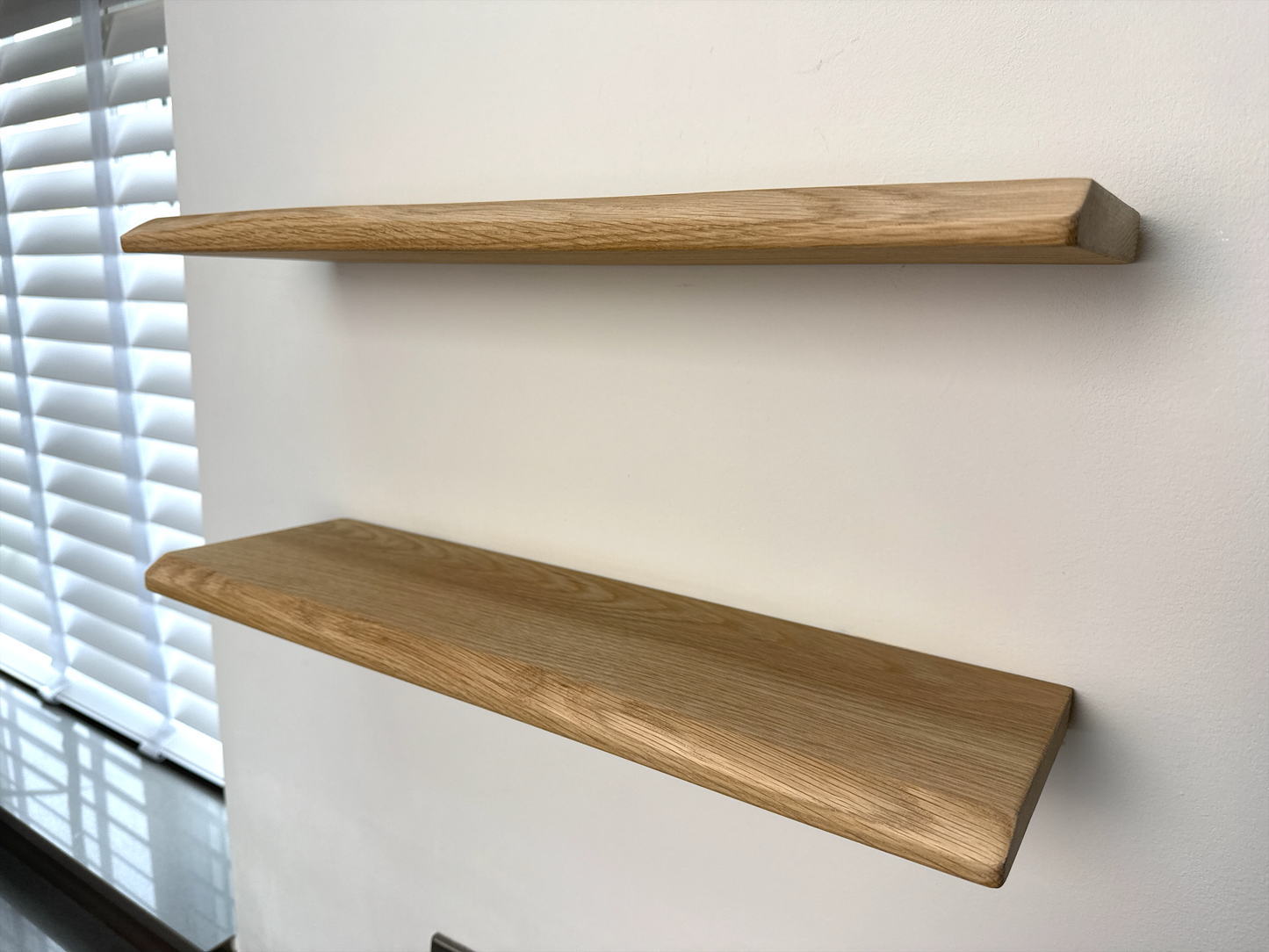 Live Edge Floating Shelf In Solid Oak - 15cm Deep x 2.2cm Thick for masonry walls