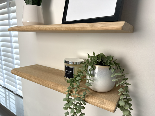 Live Edge Floating Shelf In Solid Oak - 15cm Deep x 2.2cm Thick for masonry walls