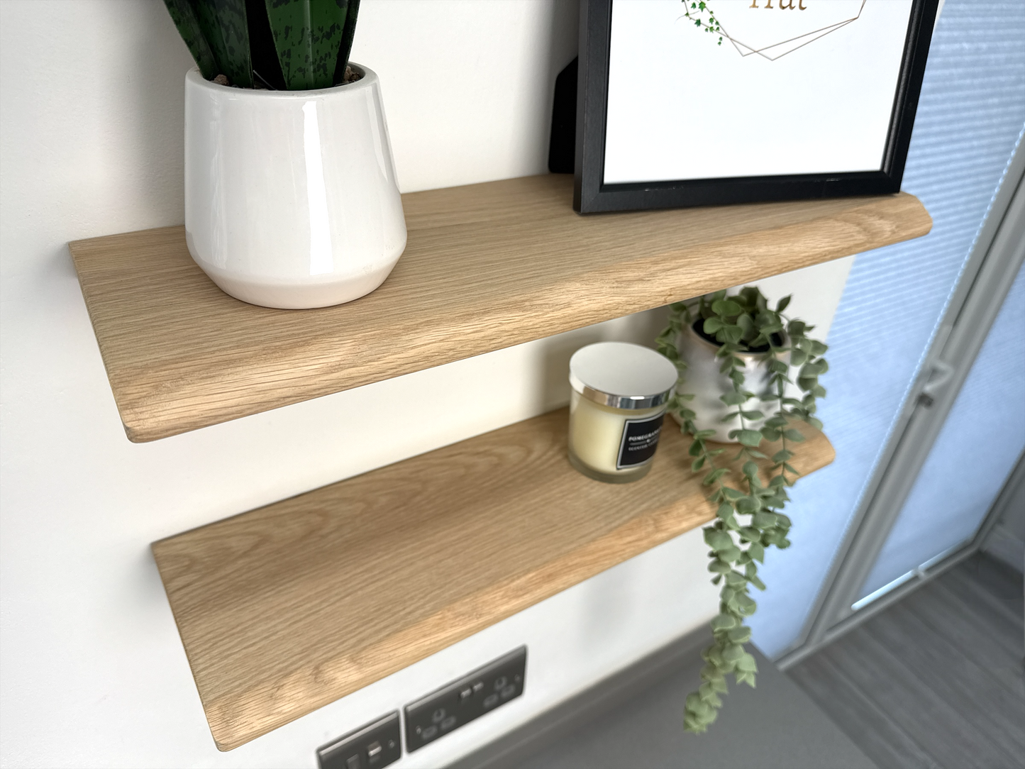 Live Edge Floating Shelf for Plasterboard (stud) walls - Solid Oak Smooth Finish 15cm Deep x 2.2cm Thick