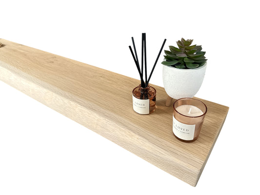 Solid Oak Floating Shelf With a Live / Waney Edge - Chunky 140 x 20cm Deep x 5cm Thick (8"x2") for masonry walls