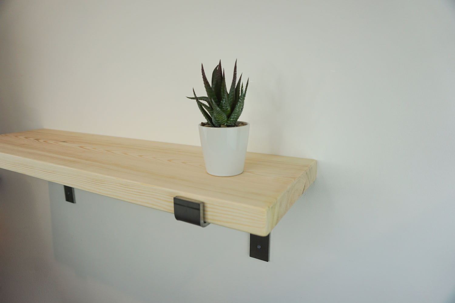 Solid Pine Wooden Shelf & Metal Brackets- Smooth Finish 22cm Deep x 3.5cm Thick