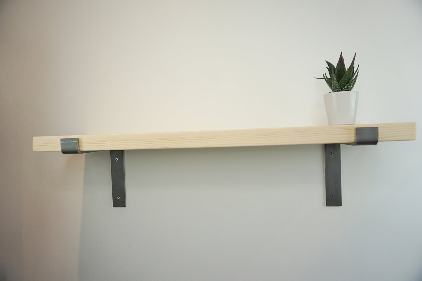 Solid Pine Wooden Shelf & Metal Brackets- Smooth Finish 22cm Deep x 3.5cm Thick