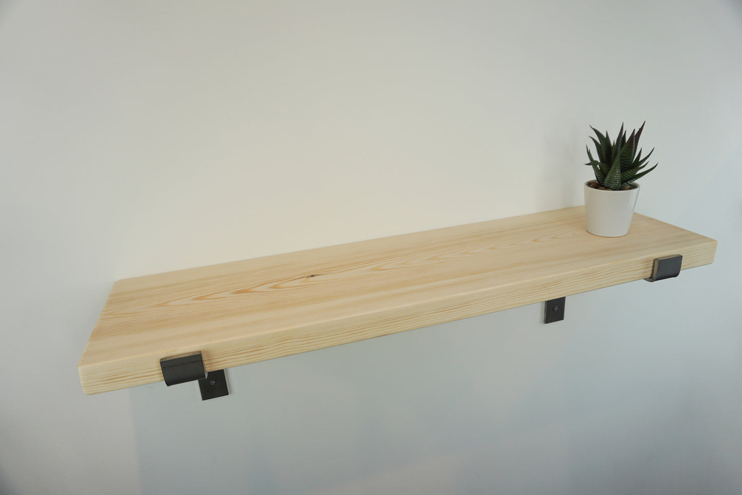 Solid Pine Wooden Shelf & Metal Brackets- Smooth Finish 22cm Deep x 3.5cm Thick