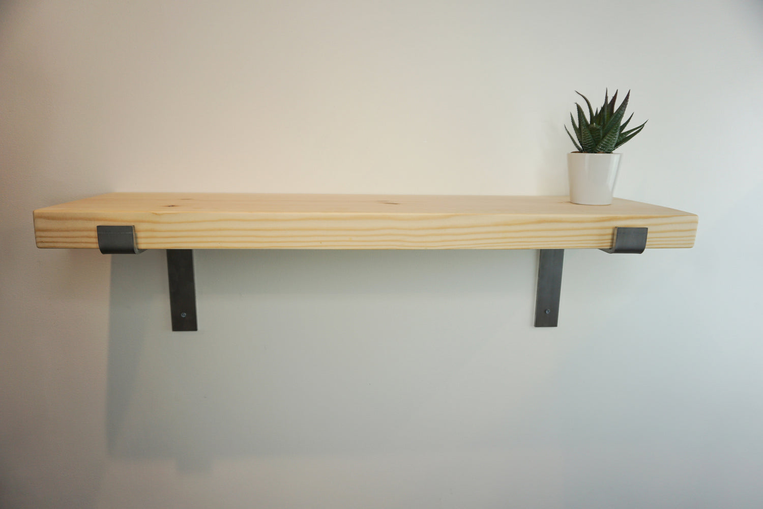 Solid Pine Wooden Shelf & Metal Brackets- Smooth Finish 22cm Deep x 4.5cm Thick