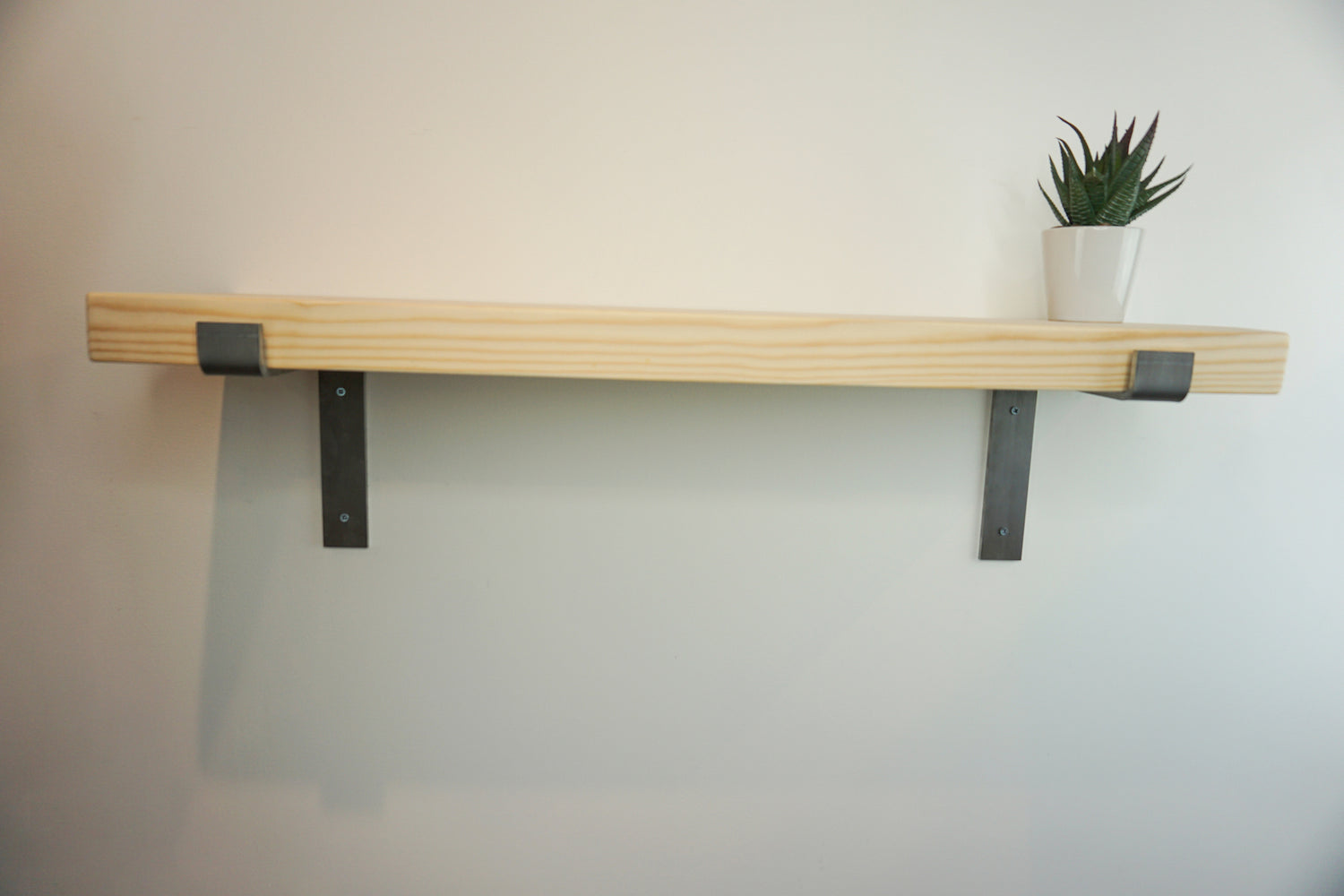 Solid Pine Wooden Shelf & Metal Brackets- Smooth Finish 22cm Deep x 4.5cm Thick