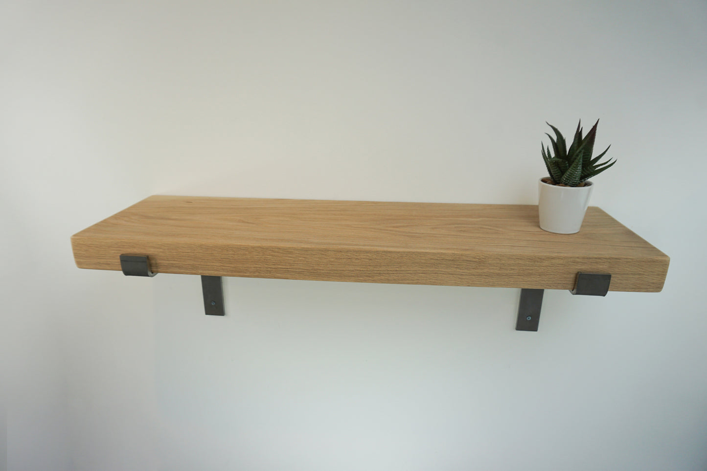 Chunky Solid Oak Wooden Shelf & Metal Brackets- Smooth Finish 24cm Deep x 5cm Thick