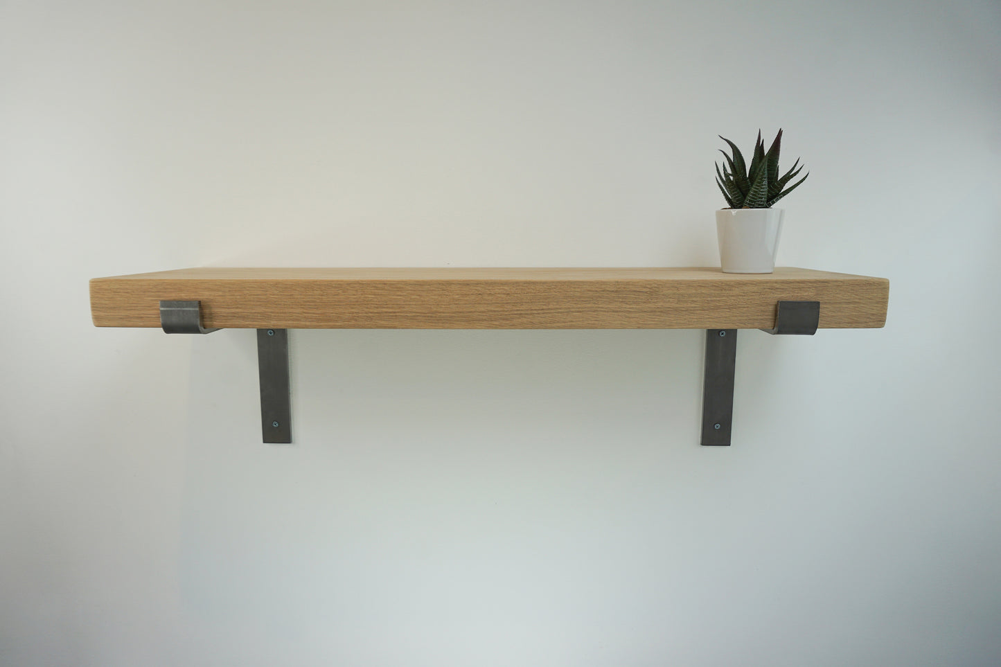 Chunky Solid Oak Wooden Shelf & Metal Brackets- Smooth Finish 24cm Deep x 5cm Thick