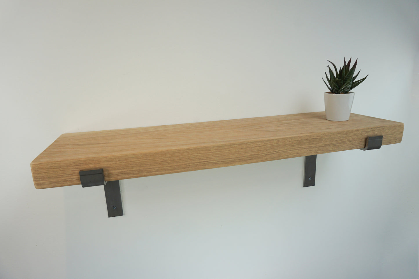 Chunky Solid Oak Wooden Shelf & Metal Brackets- Smooth Finish 24cm Deep x 5cm Thick