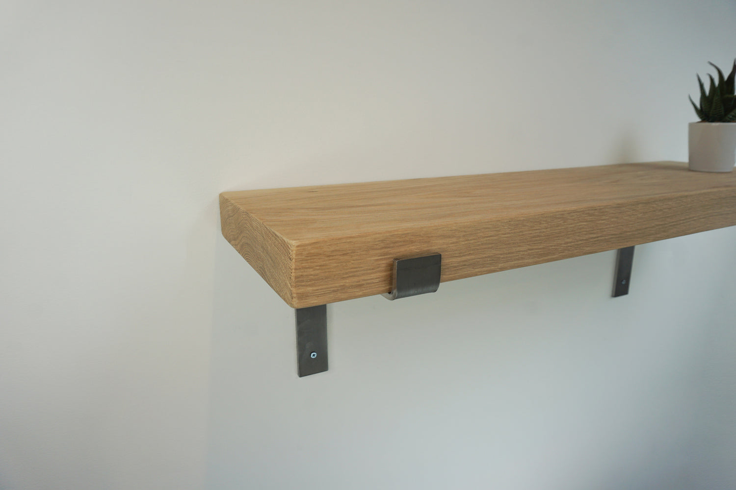 Chunky Solid Oak Wooden Shelf & Metal Brackets- Smooth Finish 24cm Deep x 5cm Thick