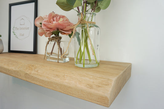 Live Edge Floating Shelf In Chunky Solid Oak - Smooth Finish 24cm Deep x 4.5cm Thick for masonry walls - The Interior Hut