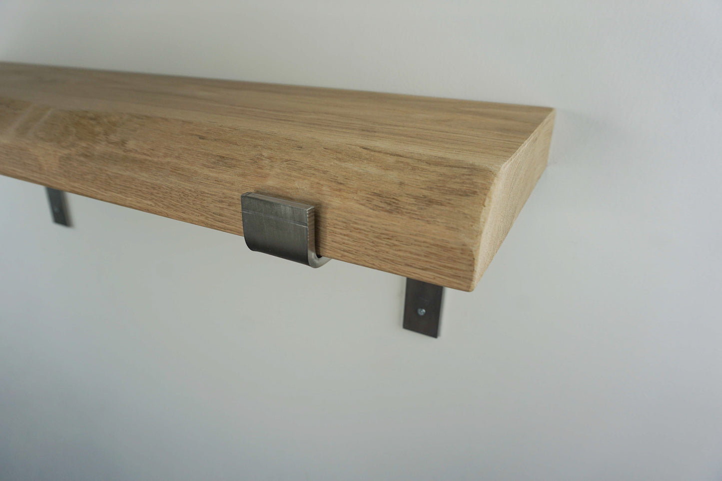 Live Edge Shelf In Chunky Solid Oak & Metal Brackets- Smooth Finish 24cm Deep x 4.5cm Thick - The Interior Hut