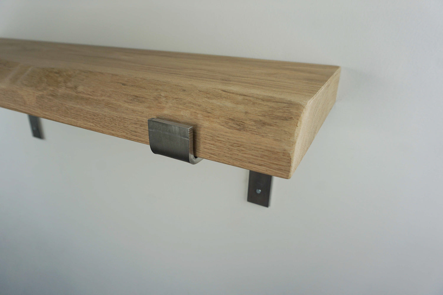 Live Edge Shelf In Chunky Solid Oak & Metal Brackets- Smooth Finish 24cm Deep x 4.5cm Thick - The Interior Hut