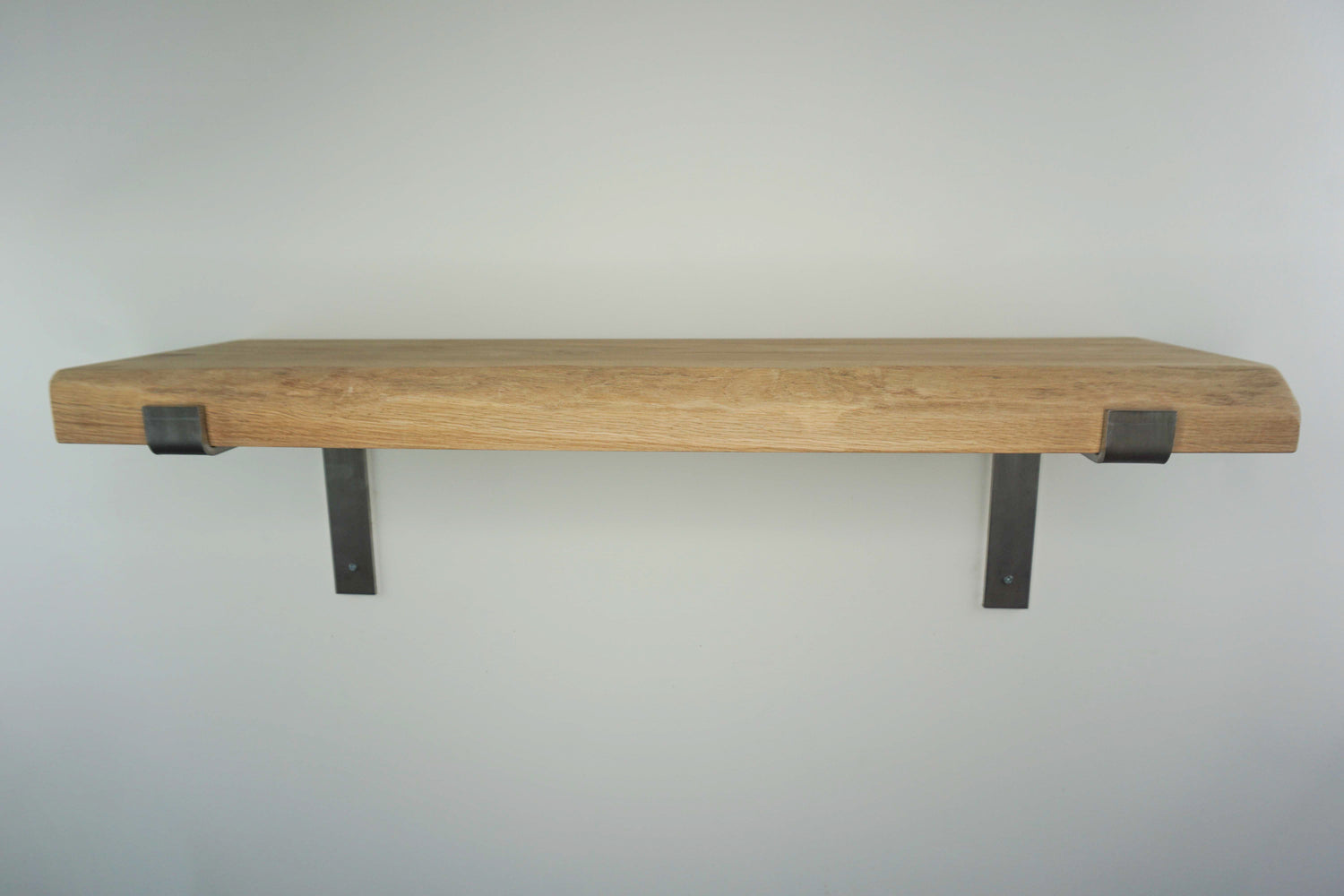 Live Edge Shelf In Chunky Solid Oak & Metal Brackets- Smooth Finish 24cm Deep x 4.5cm Thick - The Interior Hut