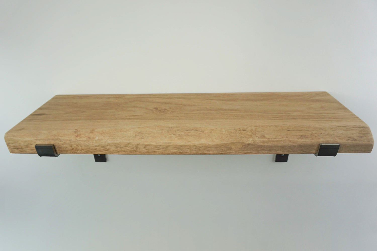 Live Edge Shelf In Chunky Solid Oak & Metal Brackets- Smooth Finish 24cm Deep x 4.5cm Thick - The Interior Hut