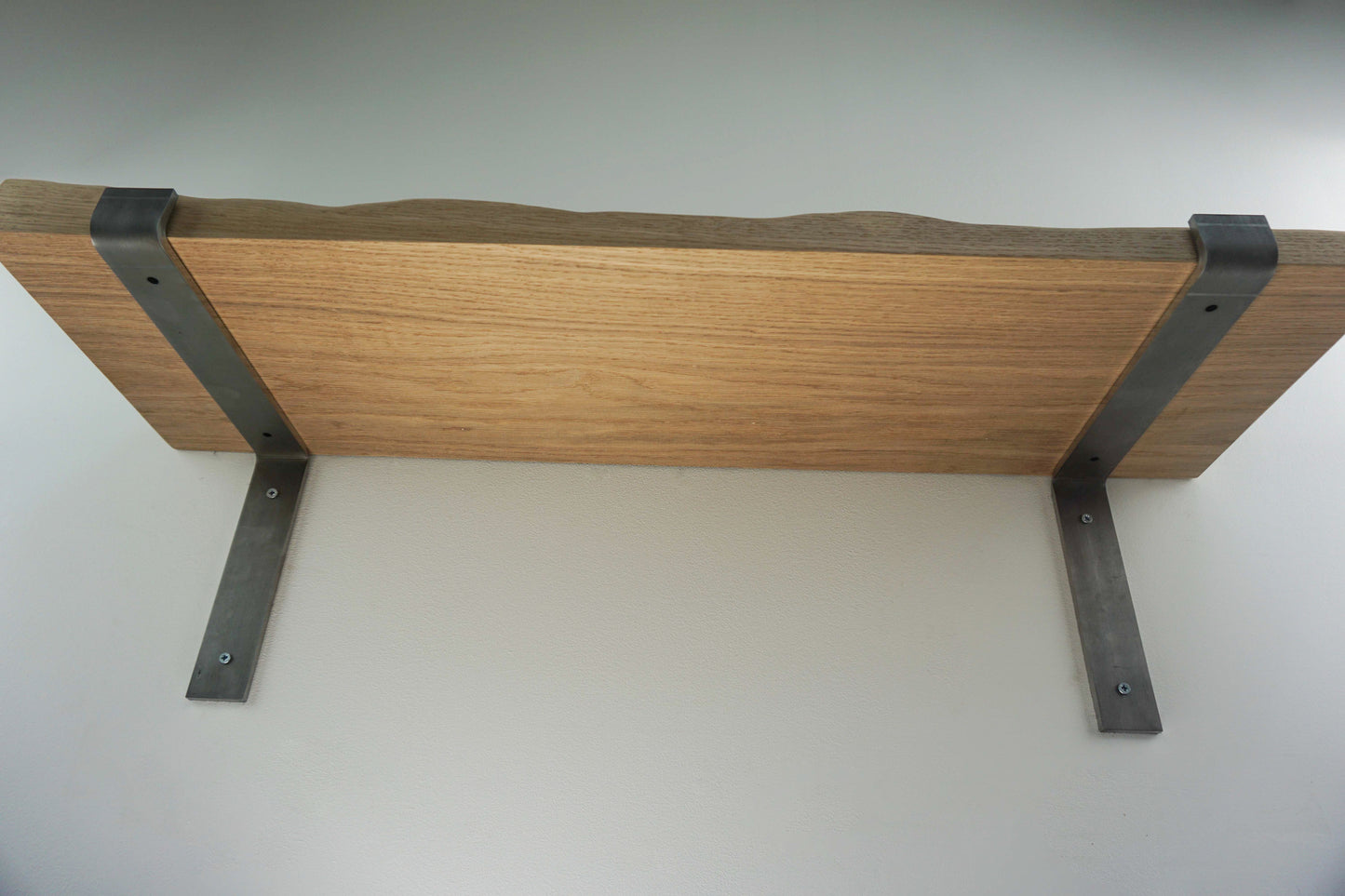 Live Edge Shelf In Chunky Solid Oak & Metal Brackets- Smooth Finish 24cm Deep x 4.5cm Thick - The Interior Hut