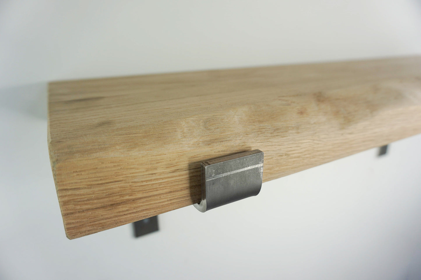 Live Edge Shelf In Chunky Solid Oak & Metal Brackets- Smooth Finish 24cm Deep x 4.5cm Thick - The Interior Hut