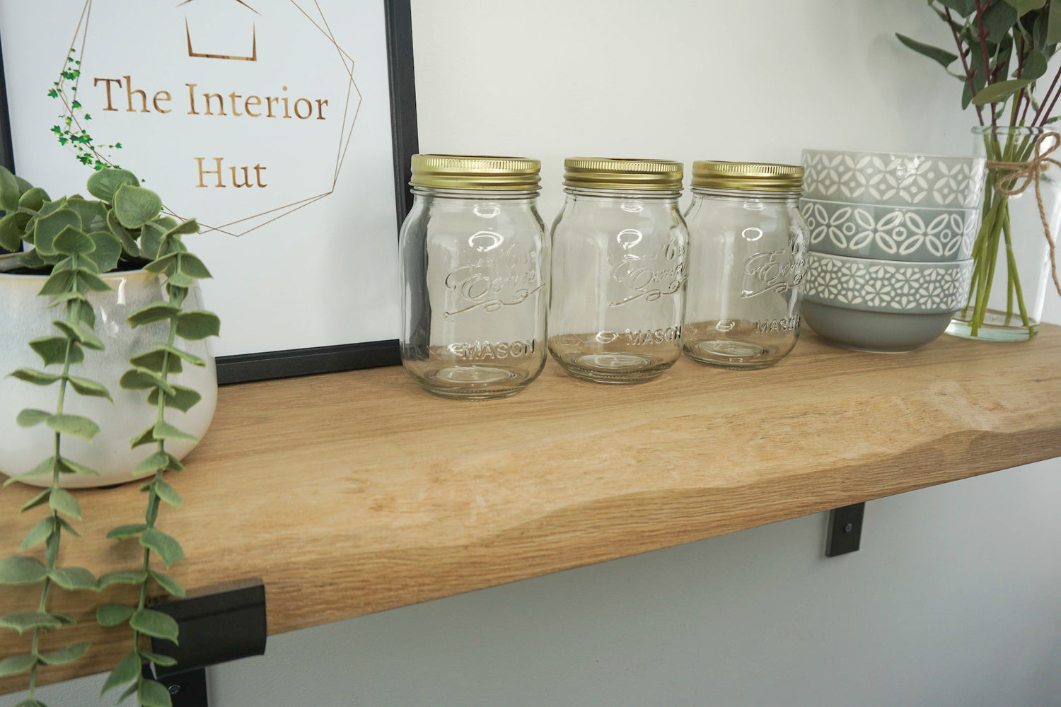 Live Edge Shelf In Chunky Solid Oak & Metal Brackets- Smooth Finish 24cm Deep x 4.5cm Thick - The Interior Hut