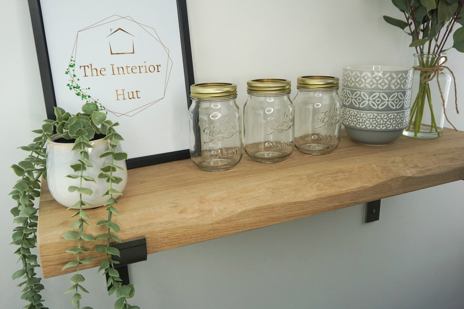 Live Edge Shelf In Chunky Solid Oak & Metal Brackets- Smooth Finish 24cm Deep x 4.5cm Thick - The Interior Hut