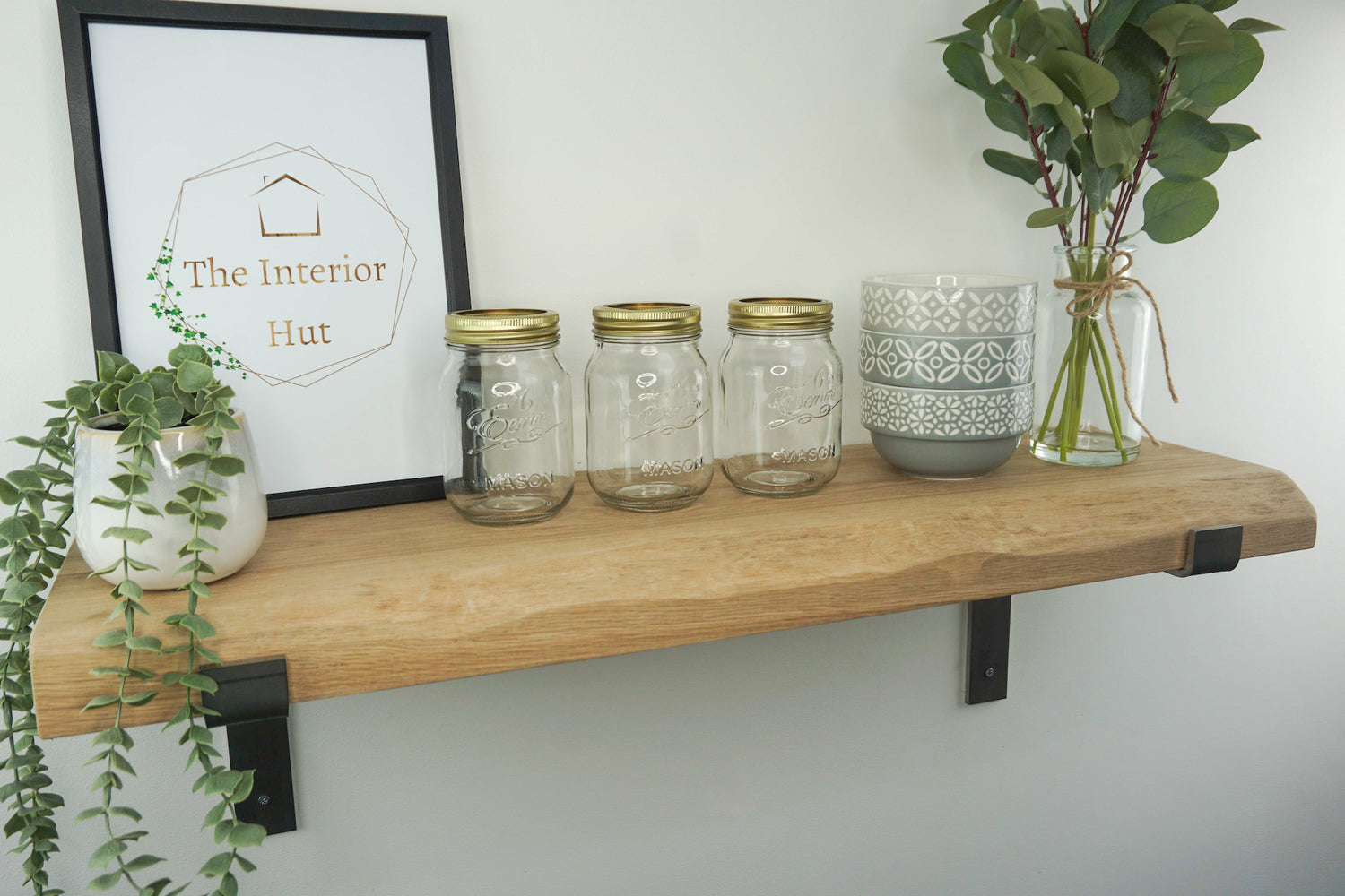 Live Edge Shelf In Chunky Solid Oak & Metal Brackets- Smooth Finish 24cm Deep x 4.5cm Thick - The Interior Hut