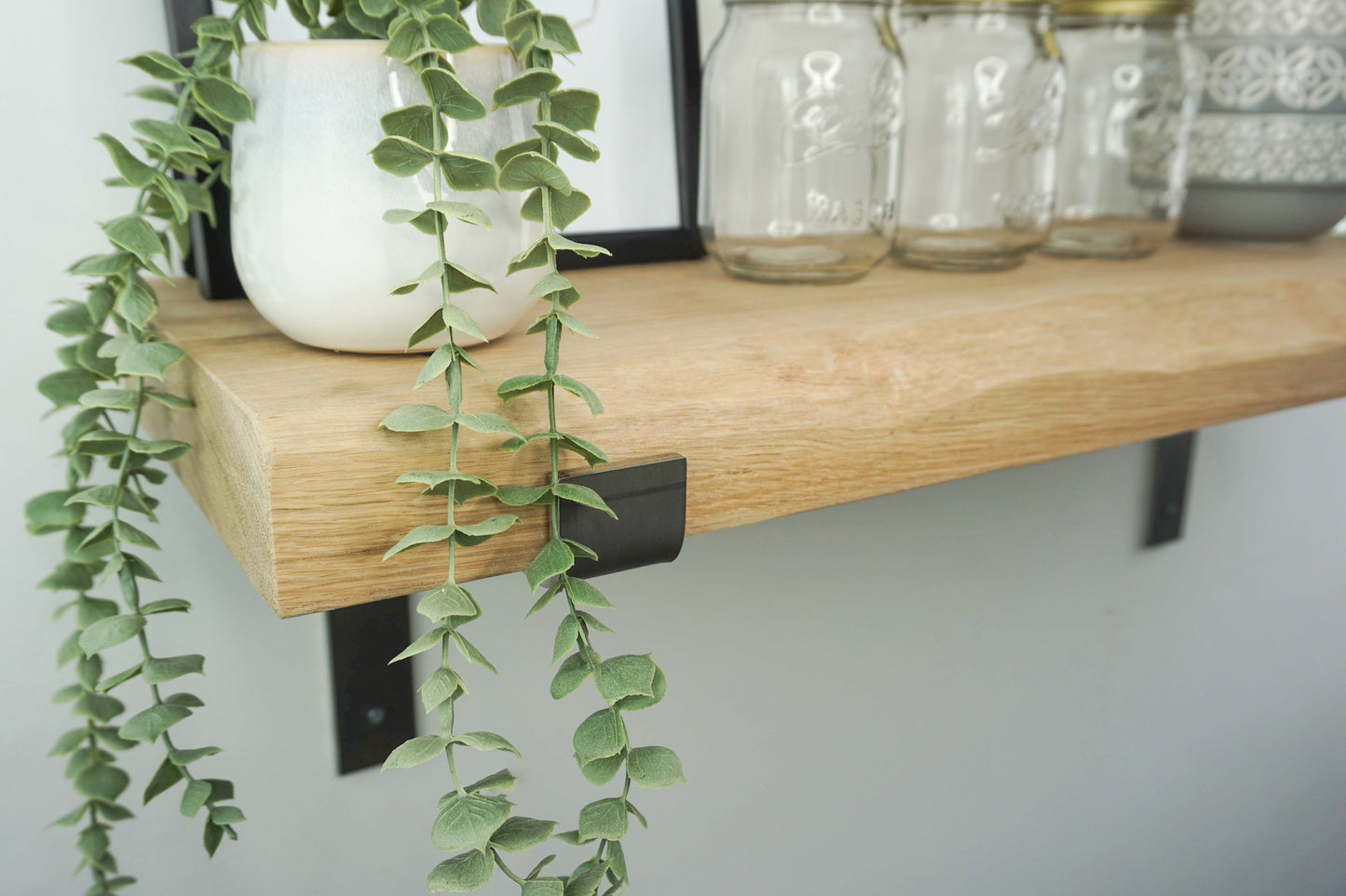 Live Edge Shelf In Chunky Solid Oak & Metal Brackets- Smooth Finish 24cm Deep x 4.5cm Thick - The Interior Hut