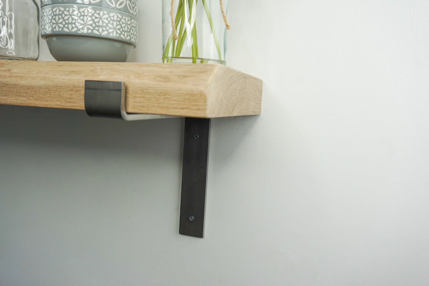 Live Edge Shelf In Chunky Solid Oak & Metal Brackets- Smooth Finish 24cm Deep x 4.5cm Thick - The Interior Hut