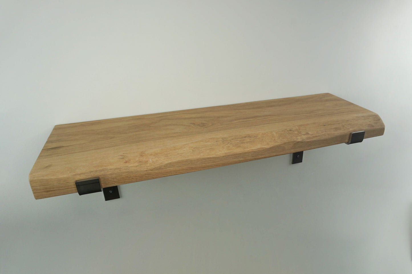 Live Edge Shelf In Chunky Solid Oak & Metal Brackets- Smooth Finish 24cm Deep x 4.5cm Thick - The Interior Hut