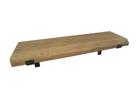 Live Edge Shelf In Chunky Solid Oak & Metal Brackets- Smooth Finish 24cm Deep x 4.5cm Thick - The Interior Hut